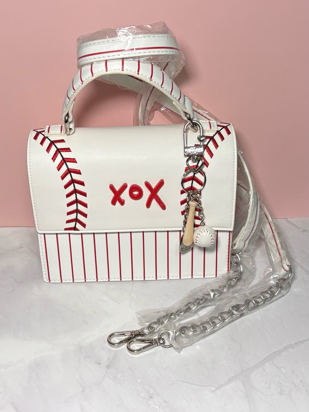 ⚾️ Betsey Johnson White & Red Baseball-Inspired Top-Handle Crossbody Satchel